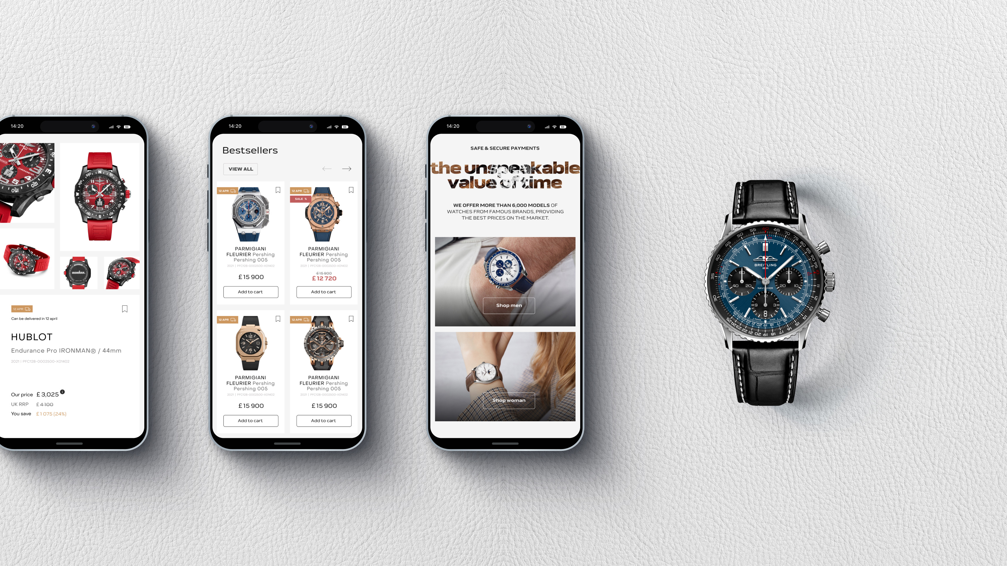 Smartphones displaying the design of the Watch approach online store, with a watch lying next to it.
