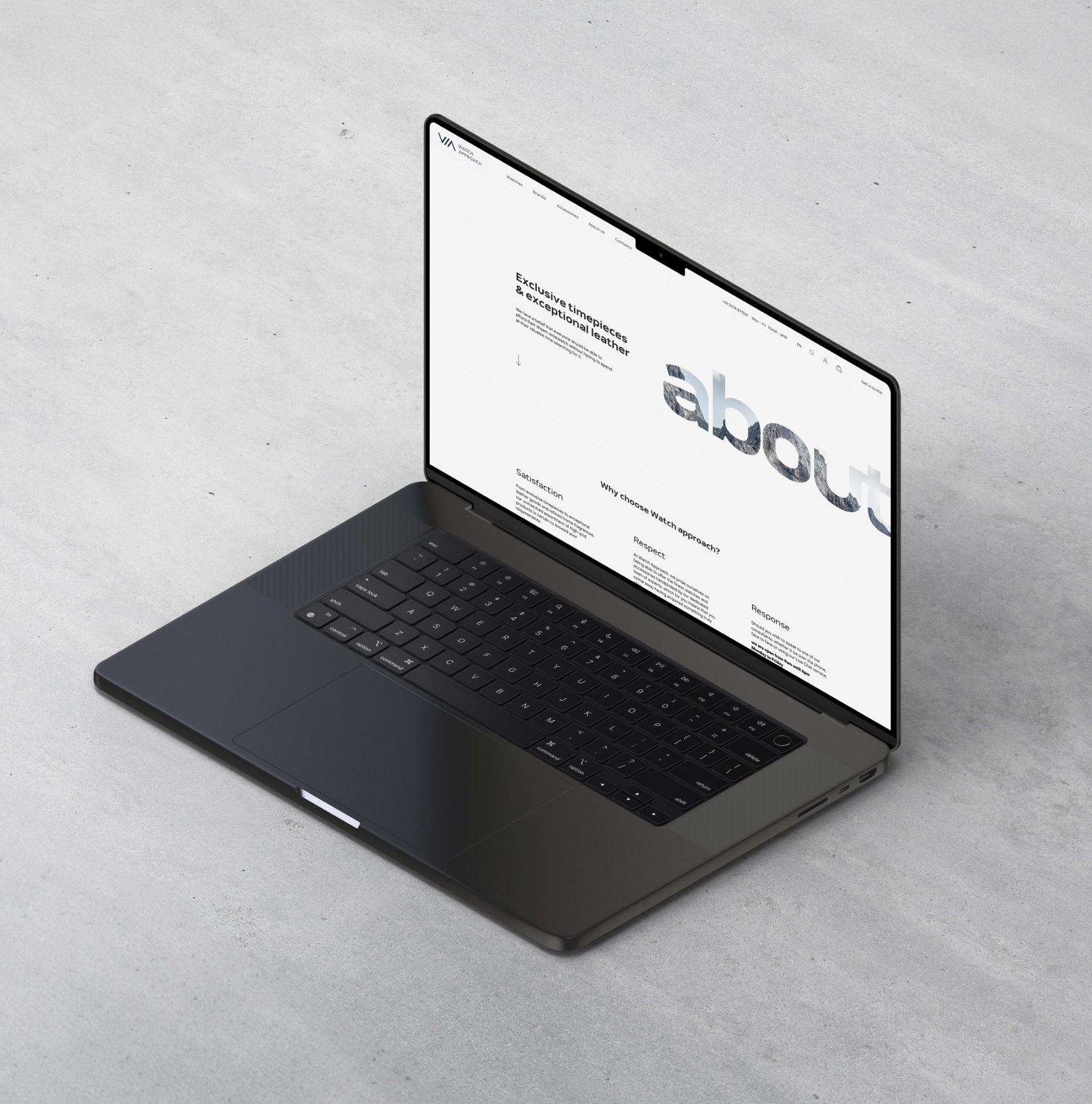 Черный ноутбук, на экране отображается страница дизайна сайта Watch approach