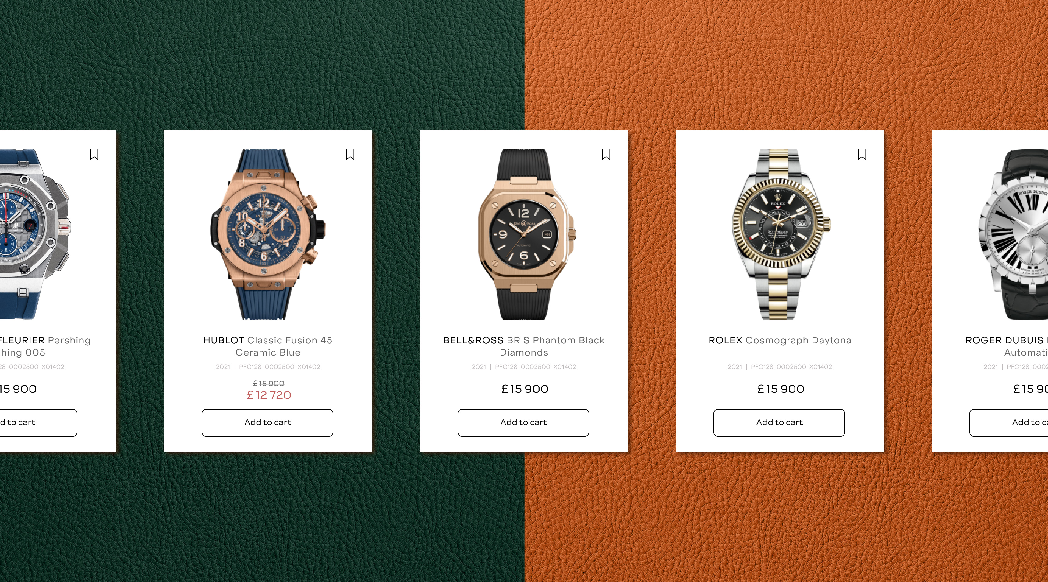 Online store watch product cards on an orange and green background.