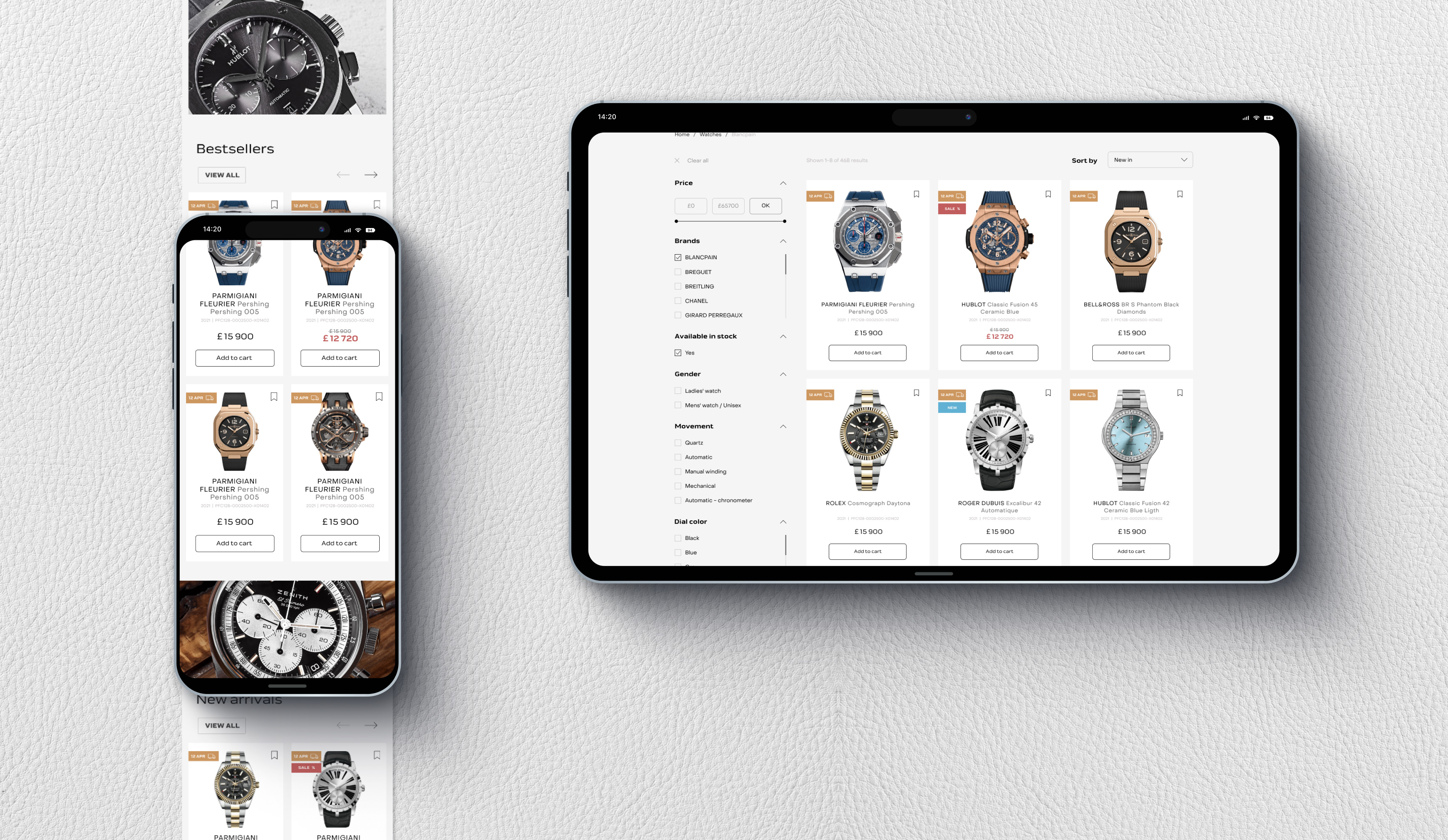 Экран планшета и телефона отображают дизайн интернет магазина часов