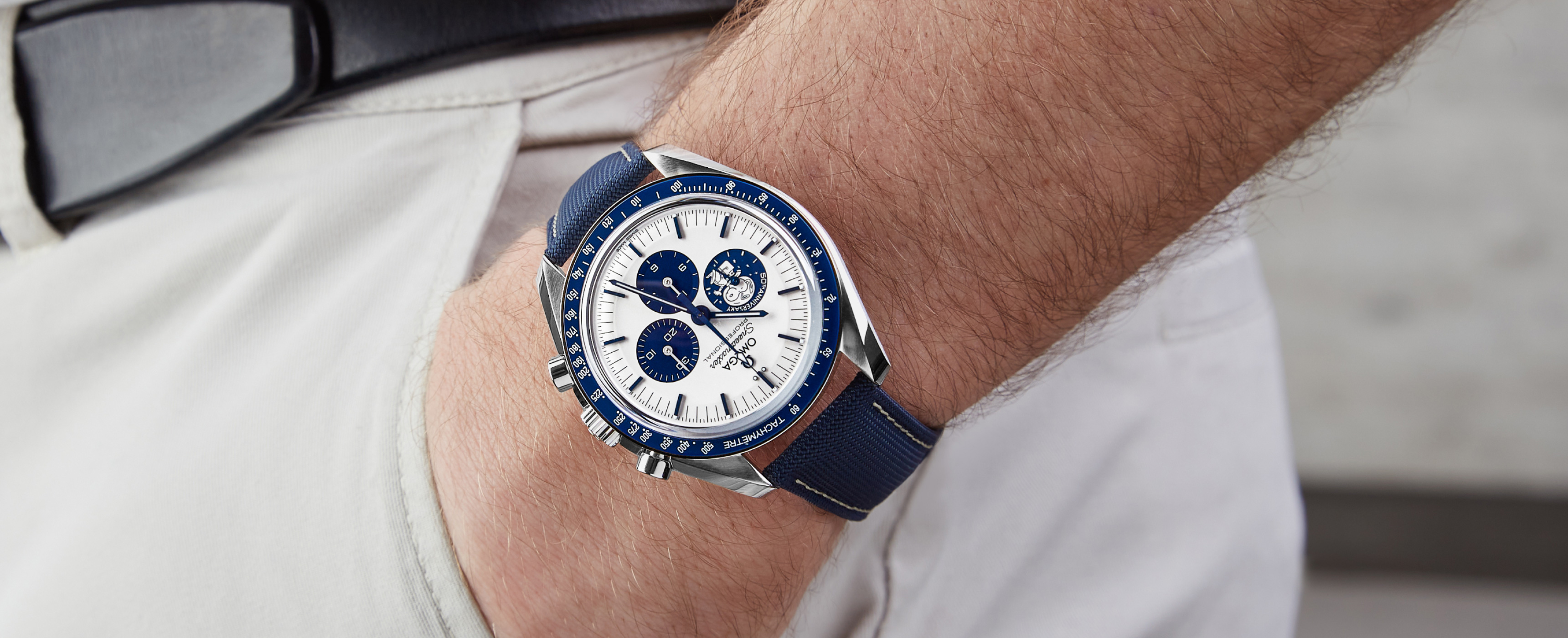 Blue OMEGA watch for a man's wrist