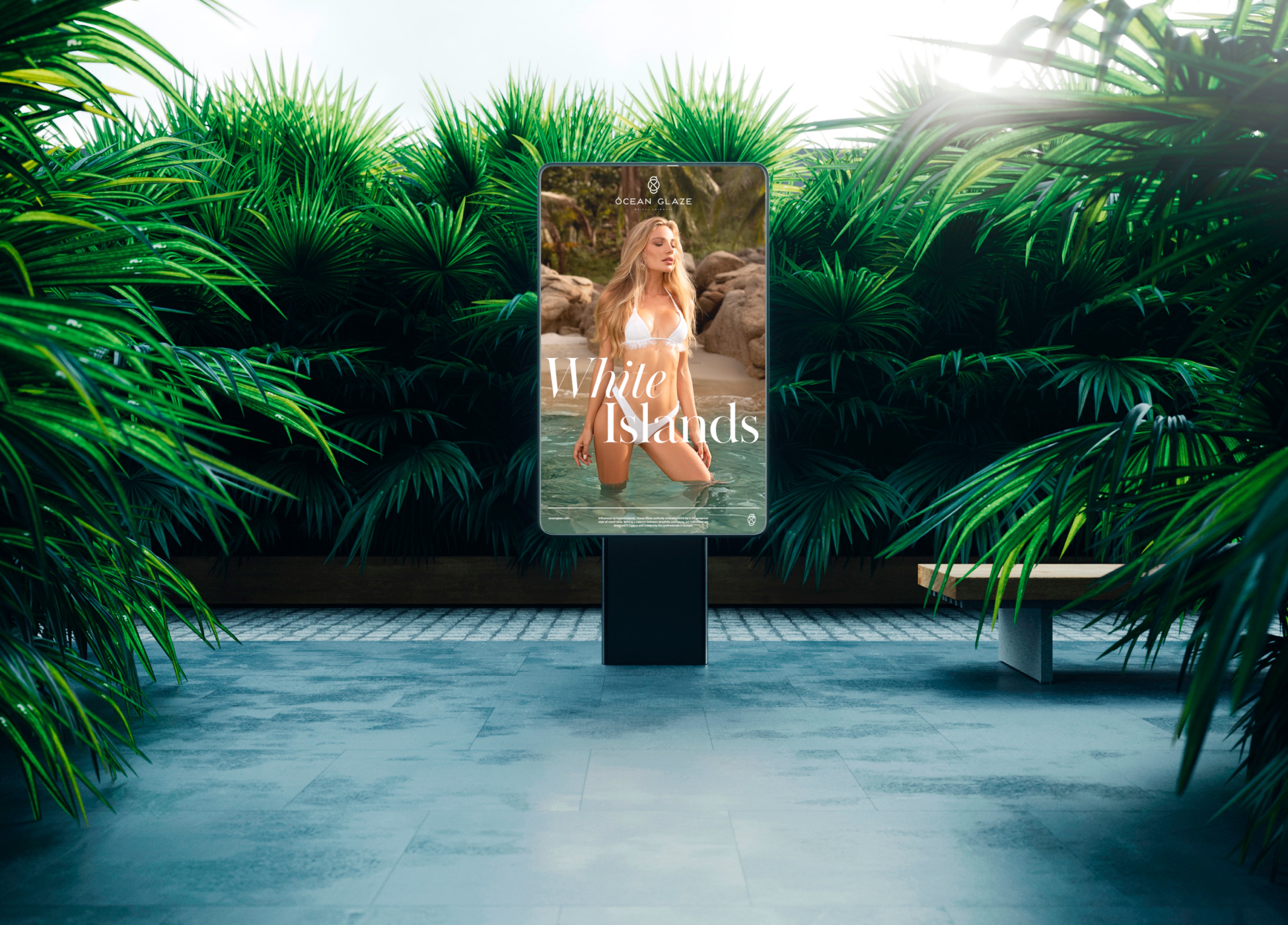 Banner with a model in a swimsuit among palm trees. Design illustration for the Ocean Glaze brand