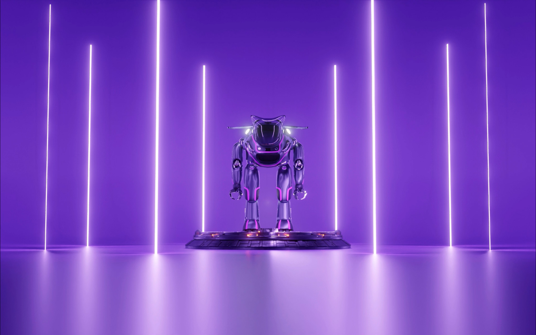 Робот посреди фиолетового помещения, фиолетовые цвета. Айдентика NFT проекта